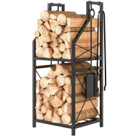 Portalegna in Metallo a 2 Livelli con 4 Ganci per Attrezzi 34x30x80 cm Nero