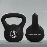 Kettlebell 6kg in Plastica e Sabbia con Base Piatta e Impugnatura, 20x13x22 cm, Nero