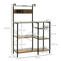 Scaffale Cucina Multipresa per Microonde con Ripiani e Cestino a Rete, 90x42x130cm, Marrone