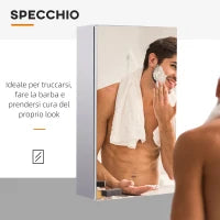Specchiera Bagno in Acciaio con Anta e Vano Contenitore a 2 Ripiani, 55x14x30cm