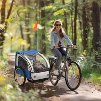 Rimorchio Bici Bambini con 2 Posti, 2 Cinture di Sicurezza, Telaio in Acciaio e Copertura in Tessuto Oxford Blu