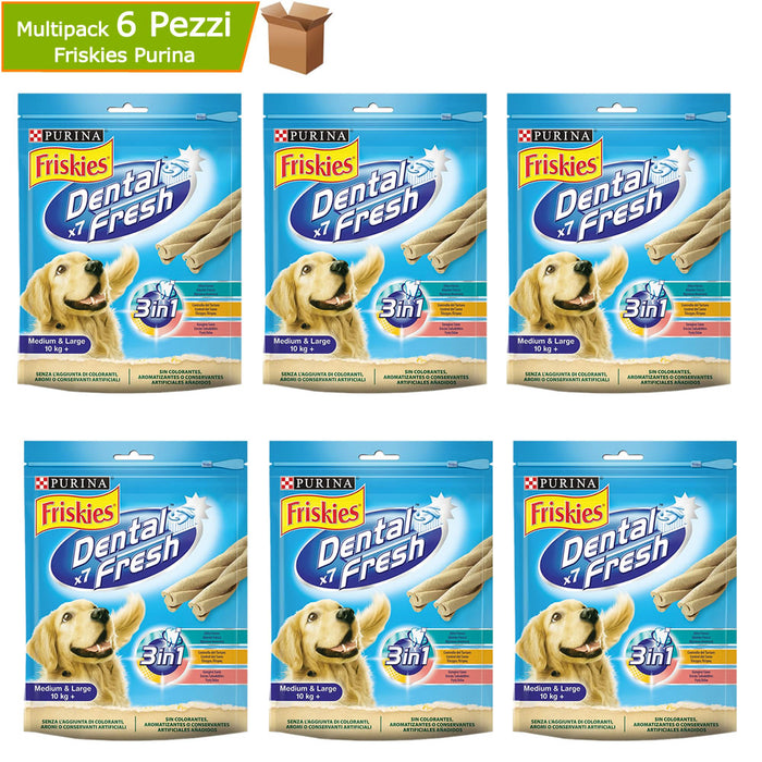 Friskies purina dental fresh 3 in 1 snack cane taglia media e grande multipack 6 confezioni da 180 g ciascuna