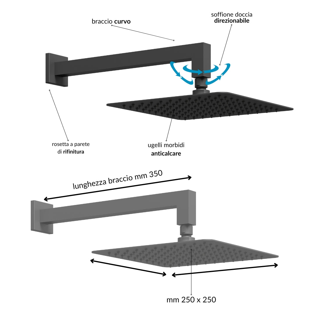 Kit doccia con soffione quadrato nero braccio presa acqua doccetta flessibile in pvc per il bagno *** confezione 1