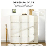 Mobile Scarpiera Modulare Salvaspazio, 12 Cubi in Plastica PP e Acciaio, 125x32x125 cm