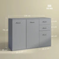 Credenza Moderna con 3 Armadietti e 2 Cassetti, in Legno, 106x35x76 cm, Grigio Chiaro