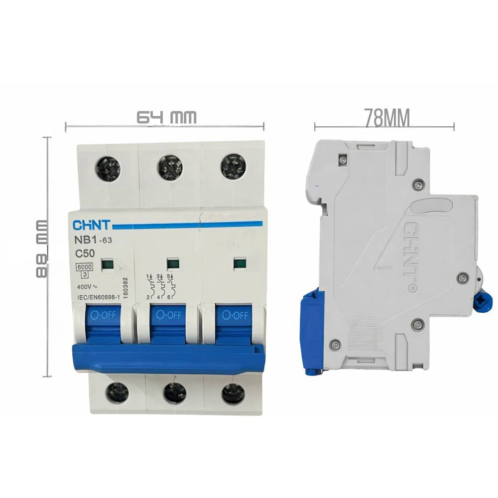 Chint nb1-63 interruttore magnetotermico 3p curva c 6ka guida din *** ampere 50 ampere, confezione 1