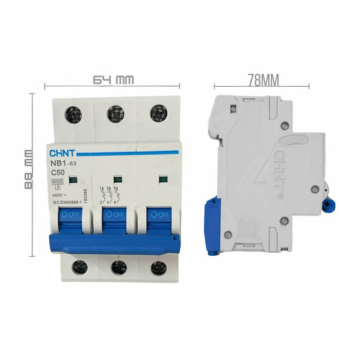 Chint nb1-63 interruttore magnetotermico 3p curva c 6ka guida din *** ampere 50 ampere, confezione 1