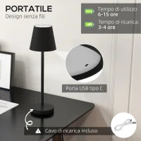 Lampada da Tavolo Portatile in Acrilico e Metallo da 3600mAh con Cavo di Ricarica, Ø11.2x36.5 cm, Nero