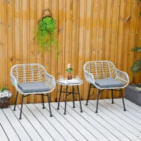 Set Mobili da Giardino in Rattan PE con 2 Sedie e Tavolino con Ripiano in Vetro, Grigio