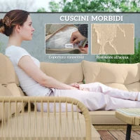 Salotto da Giardino in Rattan 2 Divanetti e Poltrona Angolare con Cuscini, Tavolino in Vetro, Colore Legno