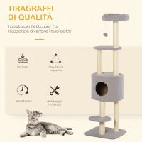 Albero Tiragraffi Robusto per Gatti con 5 Livelli, Cuccia, Casetta, Giochi e Corda Sisal, Grigio e Beige Max 30kg