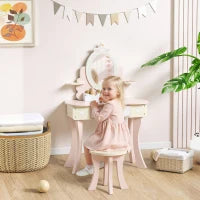 Set Toeletta con Specchio e Sgabello in Legno 2 in 1 per Bambini con 7 Accessori Inclusi, Rosa
