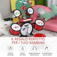 Set Batteria per Bambini con Strumenti Musicali, Batteria Jazz con 5 Tamburi e Sgabello, Giocattolo Musicale Educativo per Bambini, Effetti Sonori e Microfono Giocattolo, 77.5x40x76.5cm, Rosso