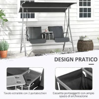 Dondolo 2 Posti con Tavolino e Portabicchieri, in Metallo e Poliestere, 175x110x165 cm, Grigio