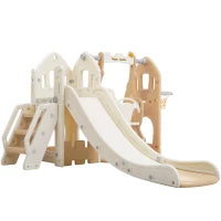 Scivolo per bambini 5-in-1 con altalena, arrampicata, canestro da basket e spazio di stoccaggio, 179×184×103 cm,Marrone+Bianco