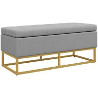 Panca Contenitore 2 in 1 con Seduta Trapuntata e Piedi in Acciaio, 110 x 44 x 48 cm, Grigio e Dorato