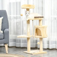 Albero Tiragraffi per Gatti in Legno a 4 Livelli con Cuccia, Giocattoli, Pallina e Corda, Altezza 114 cm