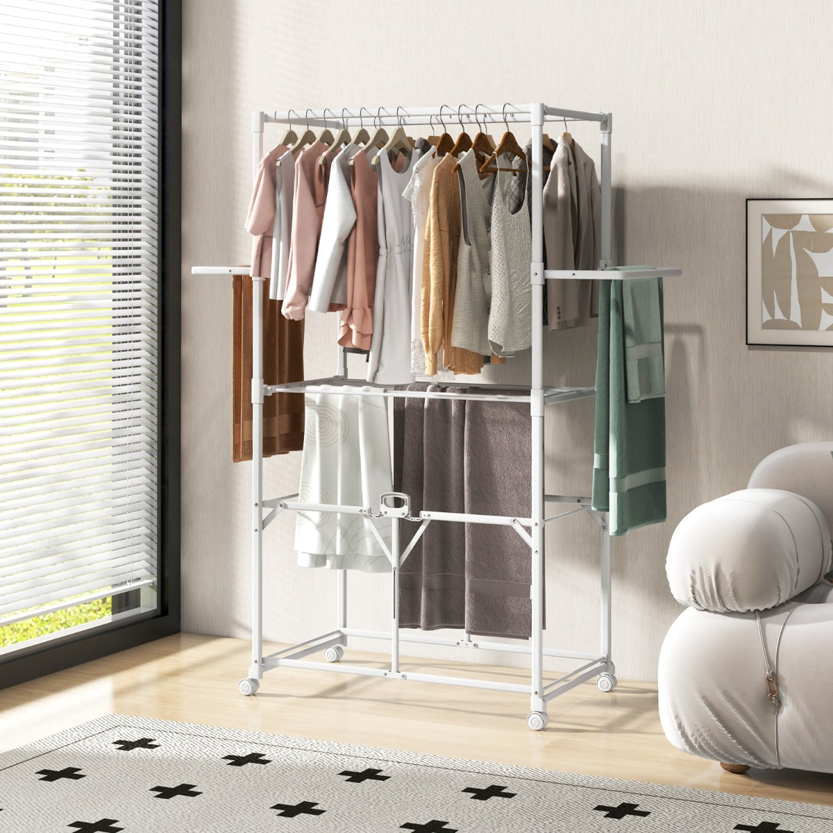 Stendibiancheria pieghevole con aste e ripiani con freni-Stendibiancheria per indumenti da interno e esterno Bianco