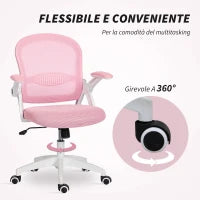 Sedia da Ufficio Ergonomica e Regolabile con Schienale a Rete e Seduta Imbottita, 65.5x61.5x88-97.5 cm, Rosa
