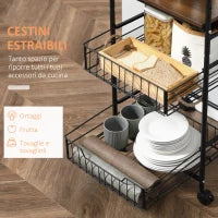 Carrello da Cucina Portavivande Stile Industriale con 4 Ruote, 2 Cestini e 4 Ganci, 60x38x85.5cm, Marrone Nero