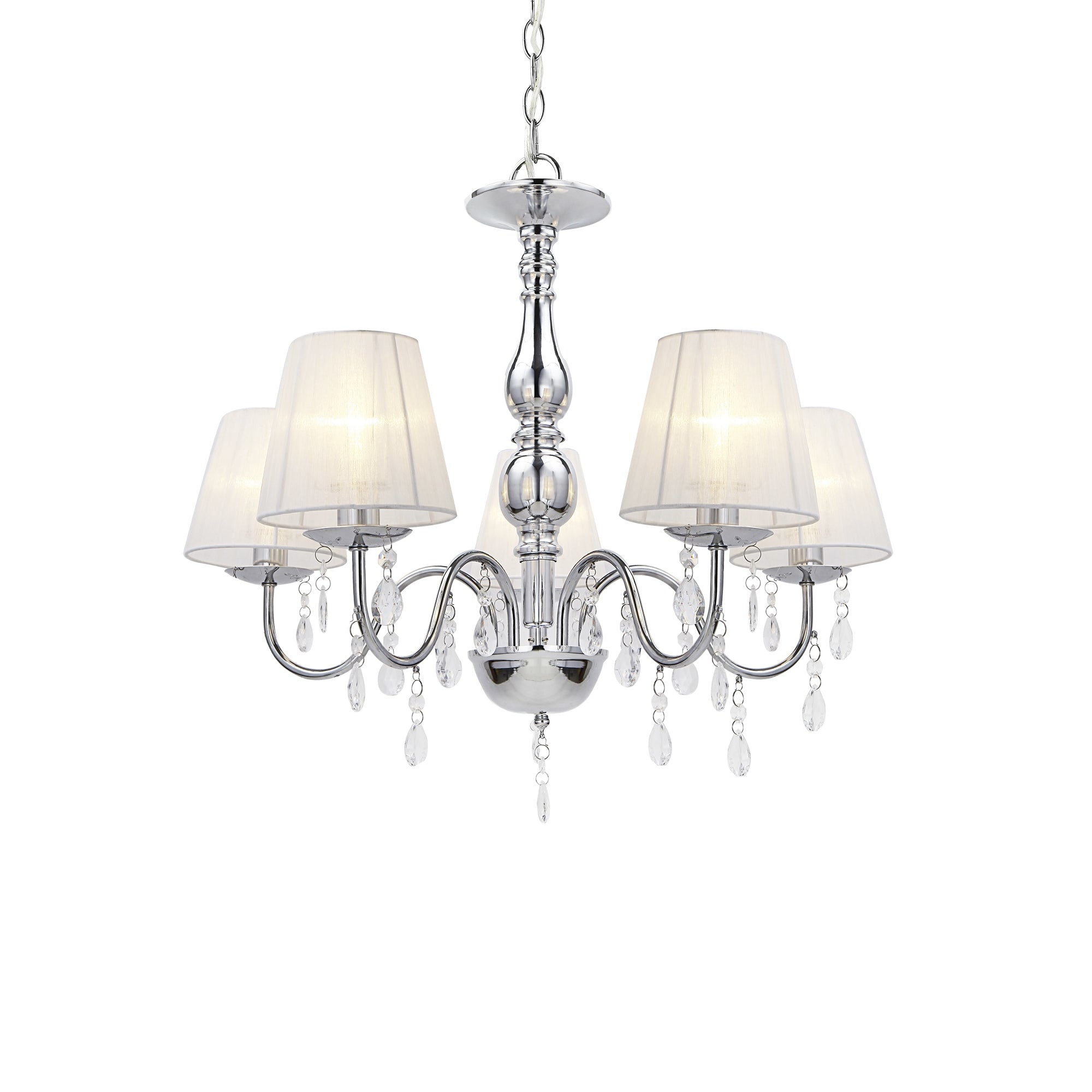 Lampada a Sospensione a 5 Bracci con Paralumi Conici e Cristalli Artificiali - Cromo / Bianco lux.pro