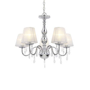 Lampada a Sospensione a 5 Bracci con Paralumi Conici e Cristalli Artificiali - Cromo / Bianco lux.pro