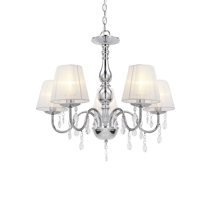 Lampada a Sospensione a 5 Bracci con Paralumi Conici e Cristalli Artificiali - Cromo / Bianco lux.pro