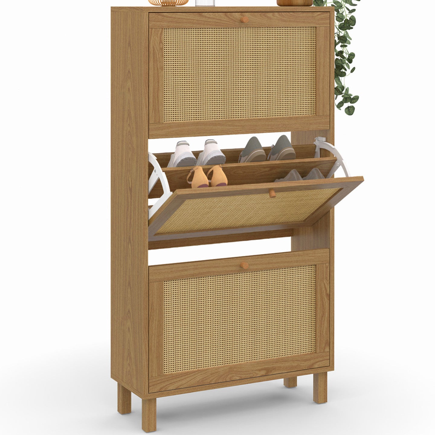 IDMarket - HANAE Mueble zapatero vintage de 3 puertas, efecto caña natural