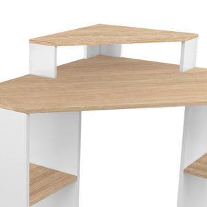 IDMarket - HARRY escritorio esquinero blanco y haya con espacio de almacenamiento