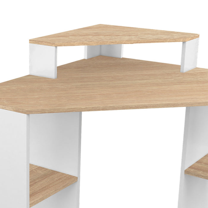 IDMarket - HARRY escritorio esquinero blanco y haya con espacio de almacenamiento