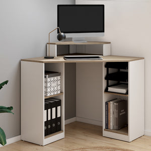 IDMarket - HARRY escritorio esquinero blanco y haya con espacio de almacenamiento