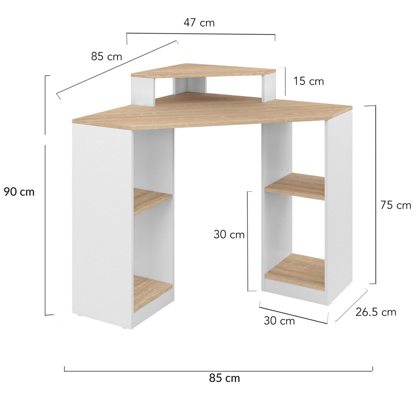 IDMarket - HARRY escritorio esquinero blanco y haya con espacio de almacenamiento