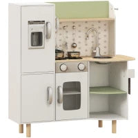 Cucina Giocattolo per Bambini 3-6 Anni con Macchina del Ghiaccio e Utensili, 84x34x89 cm, Bianco e Verde