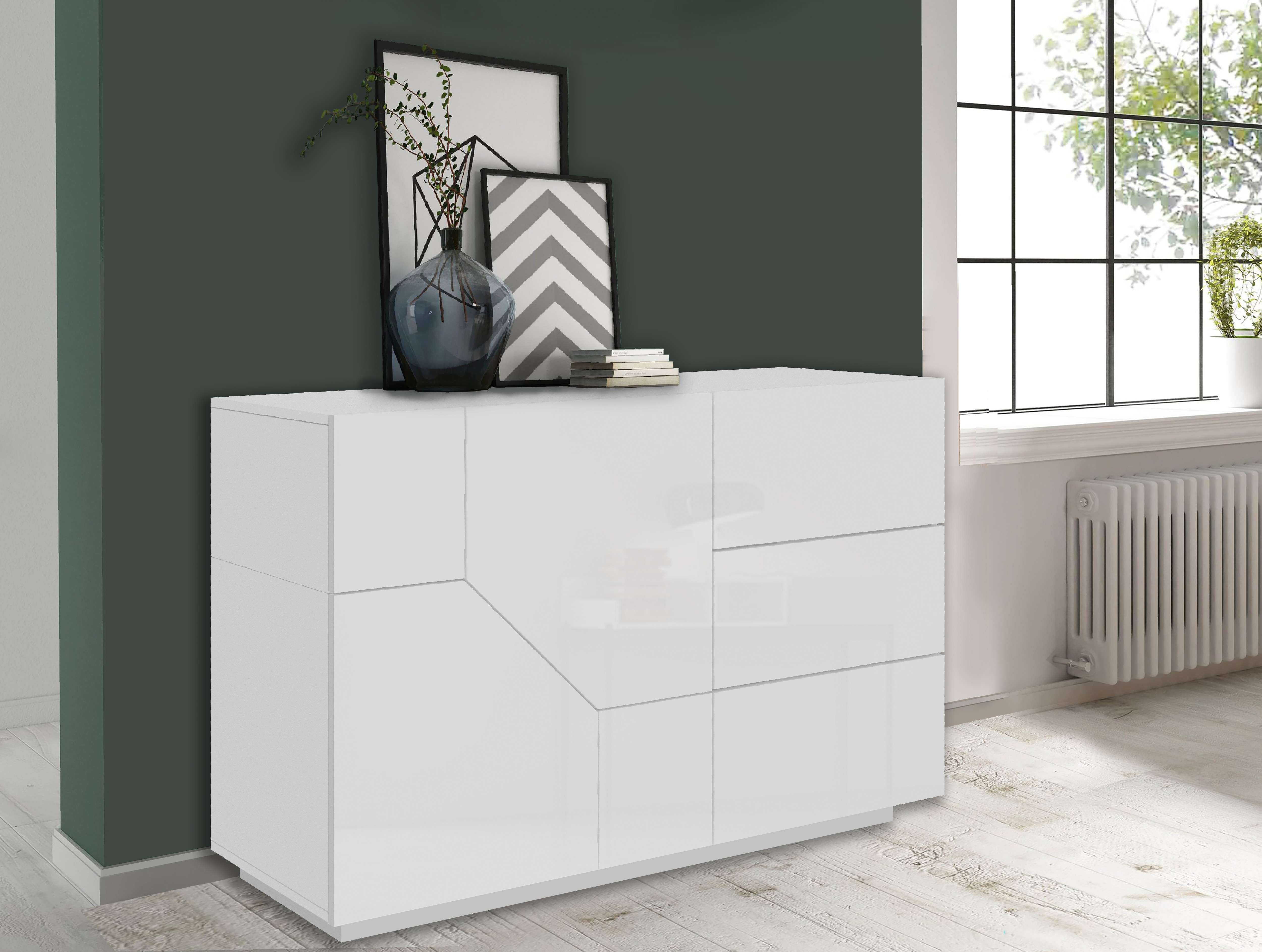 Credenza madia bianca 140x43cm soggiorno cucina 2 ante 3 cassetti Mira