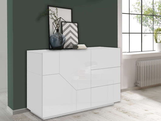 Credenza madia bianca 140x43cm soggiorno cucina 2 ante 3 cassetti Mira
