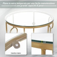 Set 2 Pezzi Tavolini da Caffè Design Elegante con Motivi a Cerchio, Metallo e Vetro Temperato Φ41x57cm & Φ36x51cm, Oro