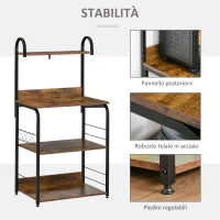 Mobiletto per Microonde a 4 Ripiani e 4 Ganci, Mobile Cucina in Acciaio e Legno 60x40x125cm, Marrone Rustico