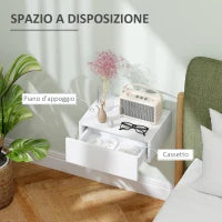 Comodino Sospeso Moderno con Cassetto, in Legno, 40x30x15 cm, Bianco