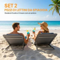 Set 2 Sdraio da Spiaggia con Schienale Regolabile su 5 Livelli, Poggiatesta e Borsa da Viaggio, Lettini Spiaggia Pieghevoli in Acciaio e PE, 134x48x33-43 cm, Grigio