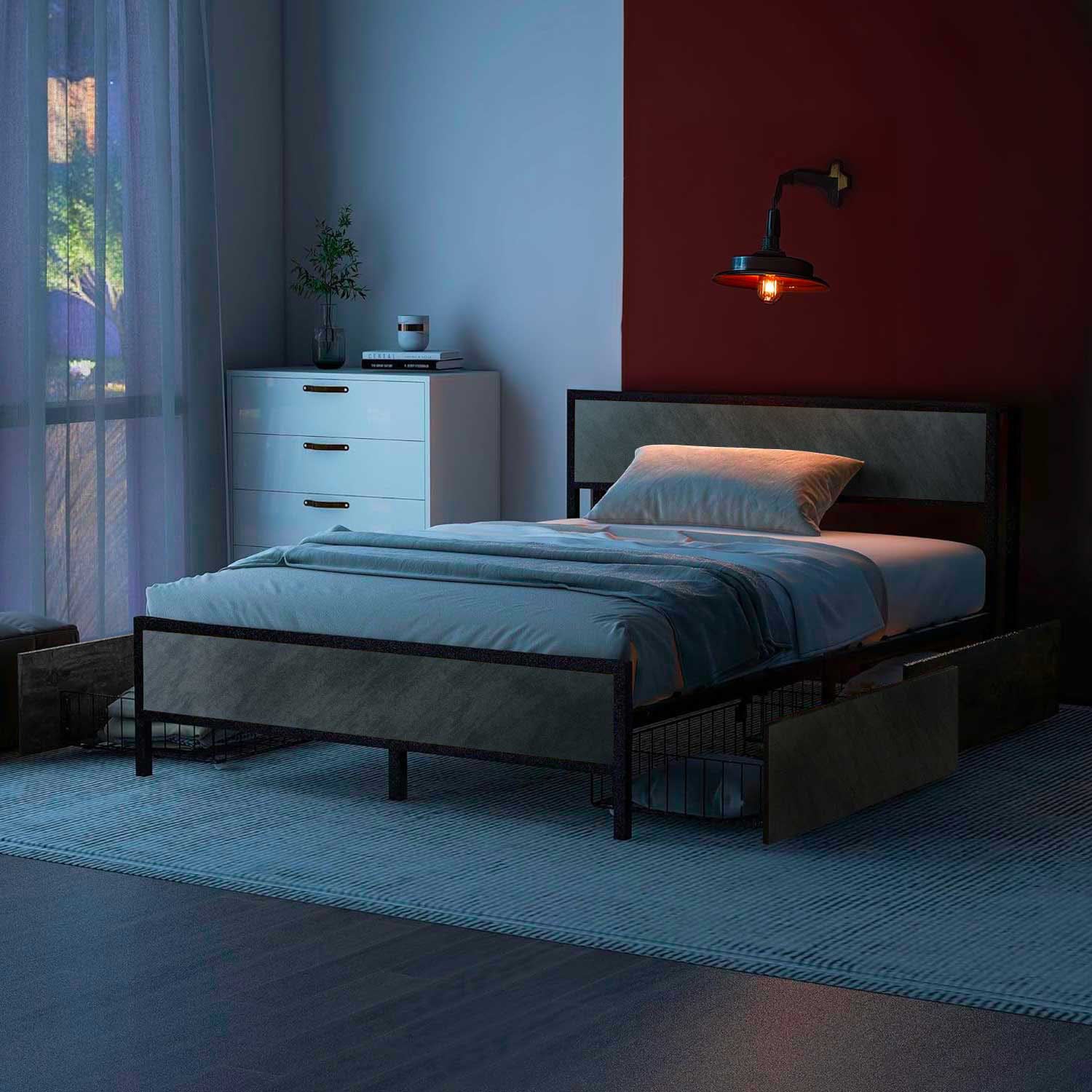 Hekla - Struttura letto matrimoniale in legno e metallo con 4 cassetti, 162x195 cm colore cemento