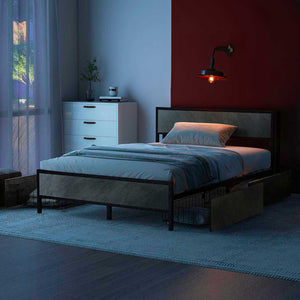 Hekla - Struttura letto matrimoniale in legno e metallo con 4 cassetti, 162x195 cm colore cemento