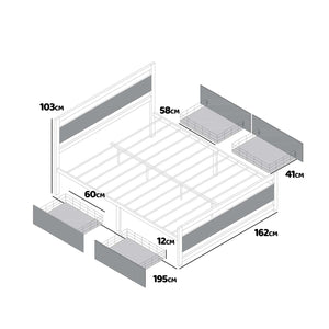 Hekla - Struttura letto matrimoniale in legno e metallo con 4 cassetti, 162x195 cm colore cemento