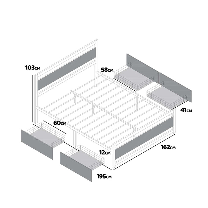Hekla - Struttura letto matrimoniale in legno e metallo con 4 cassetti, 162x195 cm colore cemento