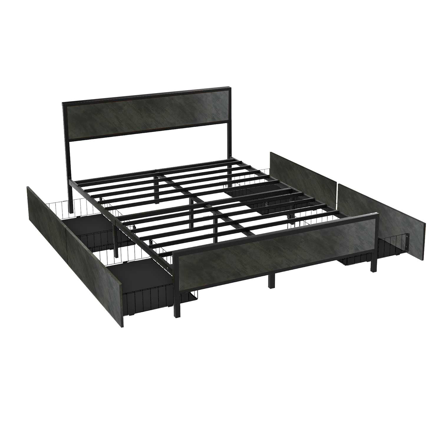 Hekla - Struttura letto matrimoniale in legno e metallo con 4 cassetti, 162x195 cm colore cemento