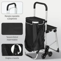Carrello della Spesa in Alluminio con Borsa da 40L Impermeabile e Sedile, 46x59.5x97 cm, Nero e Argento