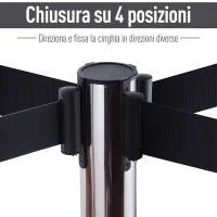 Outsunny Set 2 Colonnine Segnapercorso con Nastro Estendibile di 2 m, Paletti Delimitazione in Acciaio Inox e Nylon, Ø32x90 cm, Nero e Argento