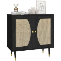 Credenza da Cucina, Mobiletto di Archiviazione a Doppia Anta con 2 Livelli, Design Bohémien,, Frontale in Rattan, 80 x 38 x 79 cm, Nero