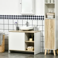 kleankin Mobile Bagno Sottolavabo con Armadietto e 2 Mensole in Legno, 77x45x60 cm, Bianco e Legno