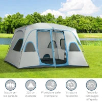 Tenda da Campeggio 4 Persone Impermeabile con 2 Stanze e Finestre a Rete, 400x275x210 cm, Grigia