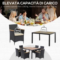Set Tavolo e Sedie da Giardino 7 Pezzi in PE Rattan e Legno con Cuscini Morbidi, Nero